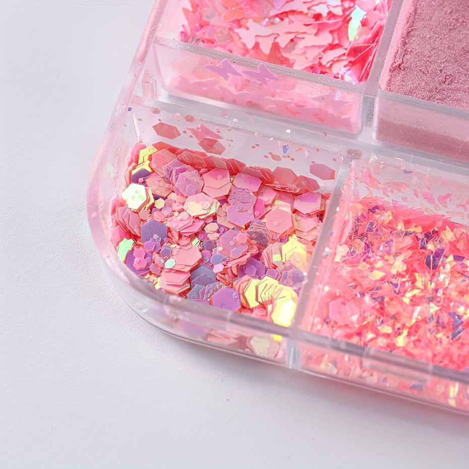 FULL BEAUTY 12 Grids Pink Glitter Nail Flakes, Holographic Hexagon Irregular Sequins, Sliced Sparkly Crystal Pigment Powder for Manicure Decoration, Hypoallergenic Rectangle Shape, Nail Charms